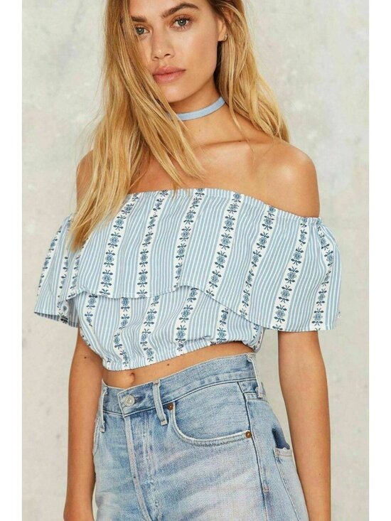 Motel Tops - Nasty Gal Motel Harriet Off Shoulder Crop Top Blue Floral Stripe XS Boho
